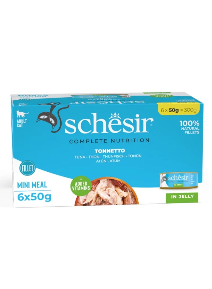 Schesir Complete Nutrition Mini Meal for Adult Cats – Wild Tuna in Broth – 100% Natural Fillets with Added Vitamins – 300 g (6 x 50 g Cans) - Image 1